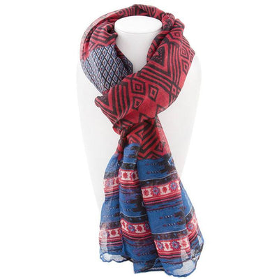 All Styles,Scarves,Scarf - Robert Matthew Naomi Multi-Colored Tribal Print Scarf - Red & Blue